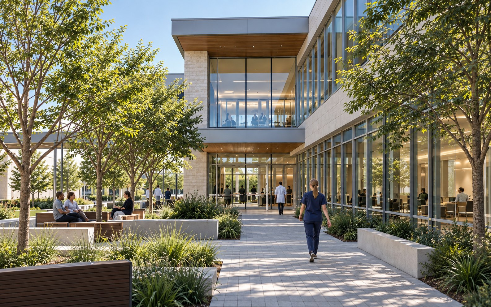 Contemporary ambulatory healthcare center organized around a planted courtyard