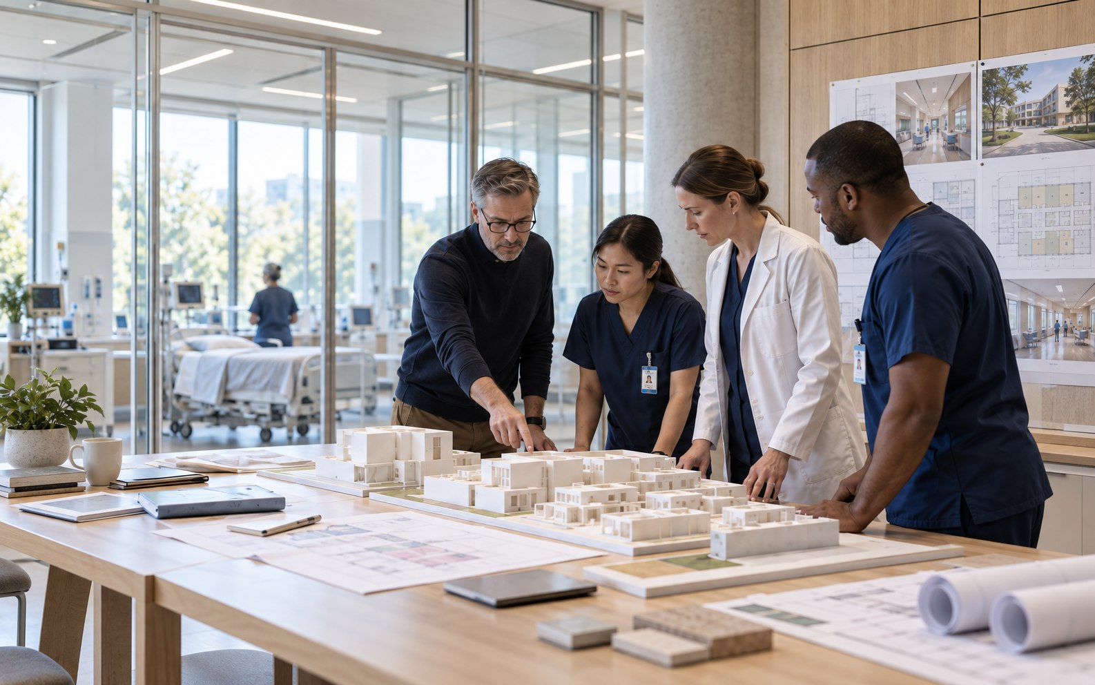 Clinicians and a healthcare planner reviewing a physical department model